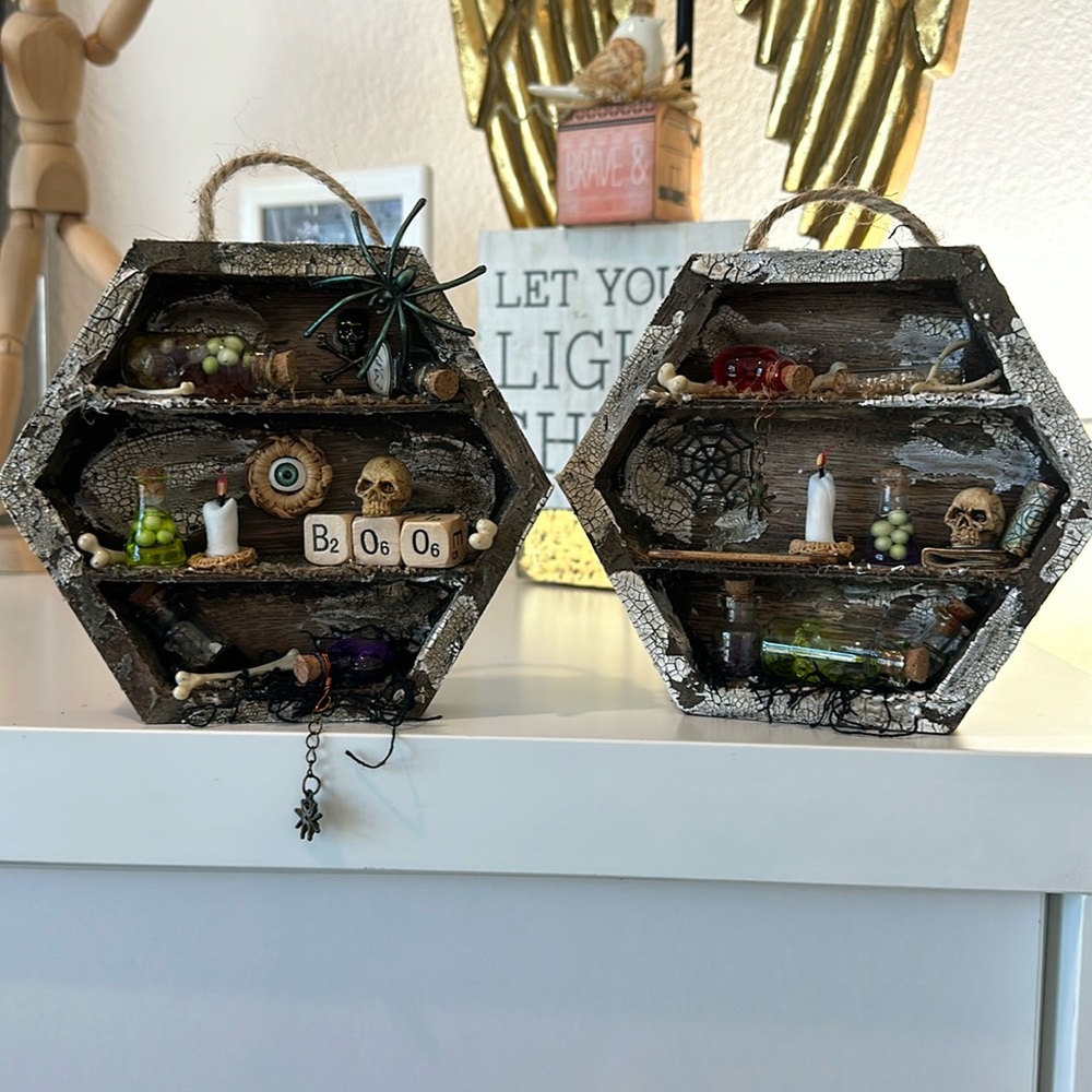 Halloween Mixed Media Apothecary shelves, made by me.